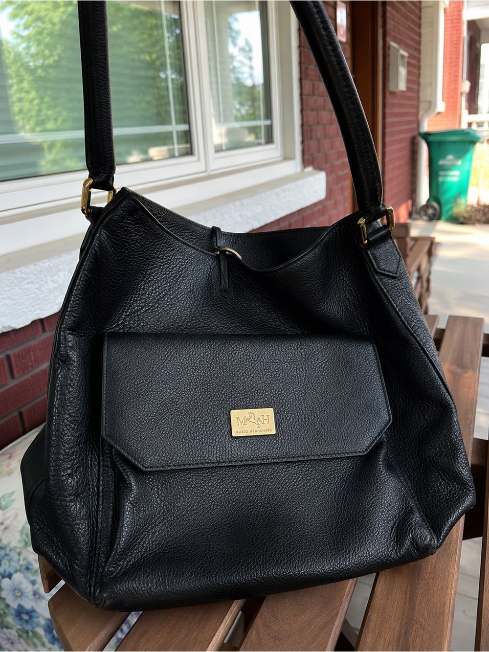 Mario Hernandez Black Pebbled Leather Hobo Shoulder Bag